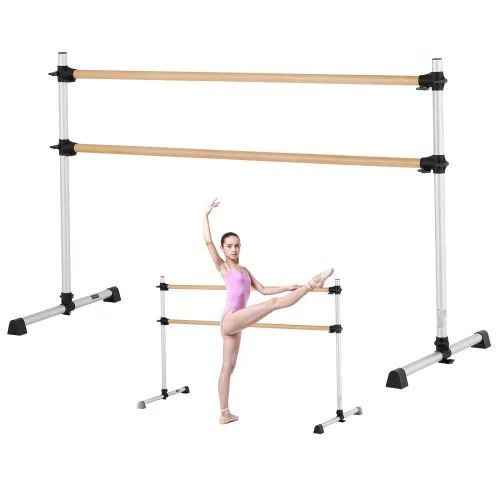 VEVOR Ballet Barre, Double Beechwood Barre Bar for Home, Freestanding Portable Ballet Stretching Dance Bars, Height Adjustable Anti-Wobble Fitness Gym Equipment, for Pilates Balance Workout