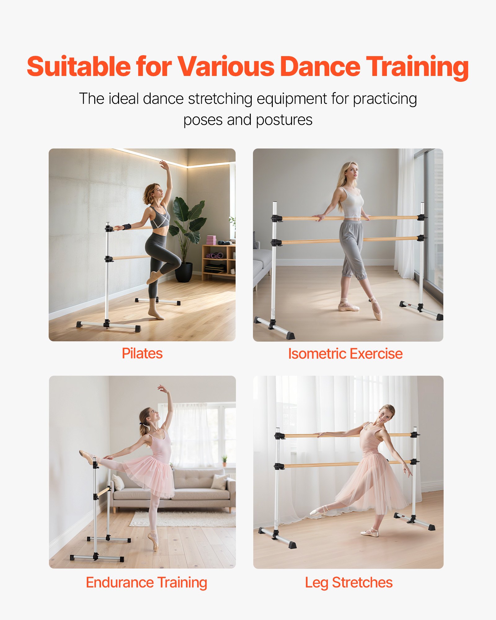 VEVOR Ballet Barre, Double Beechwood Barre Bar for Home, Freestanding Portable Ballet Stretching Dance Bars, Height Adjustable Anti-Wobble Fitness Gym Equipment, for Pilates Balance Workout