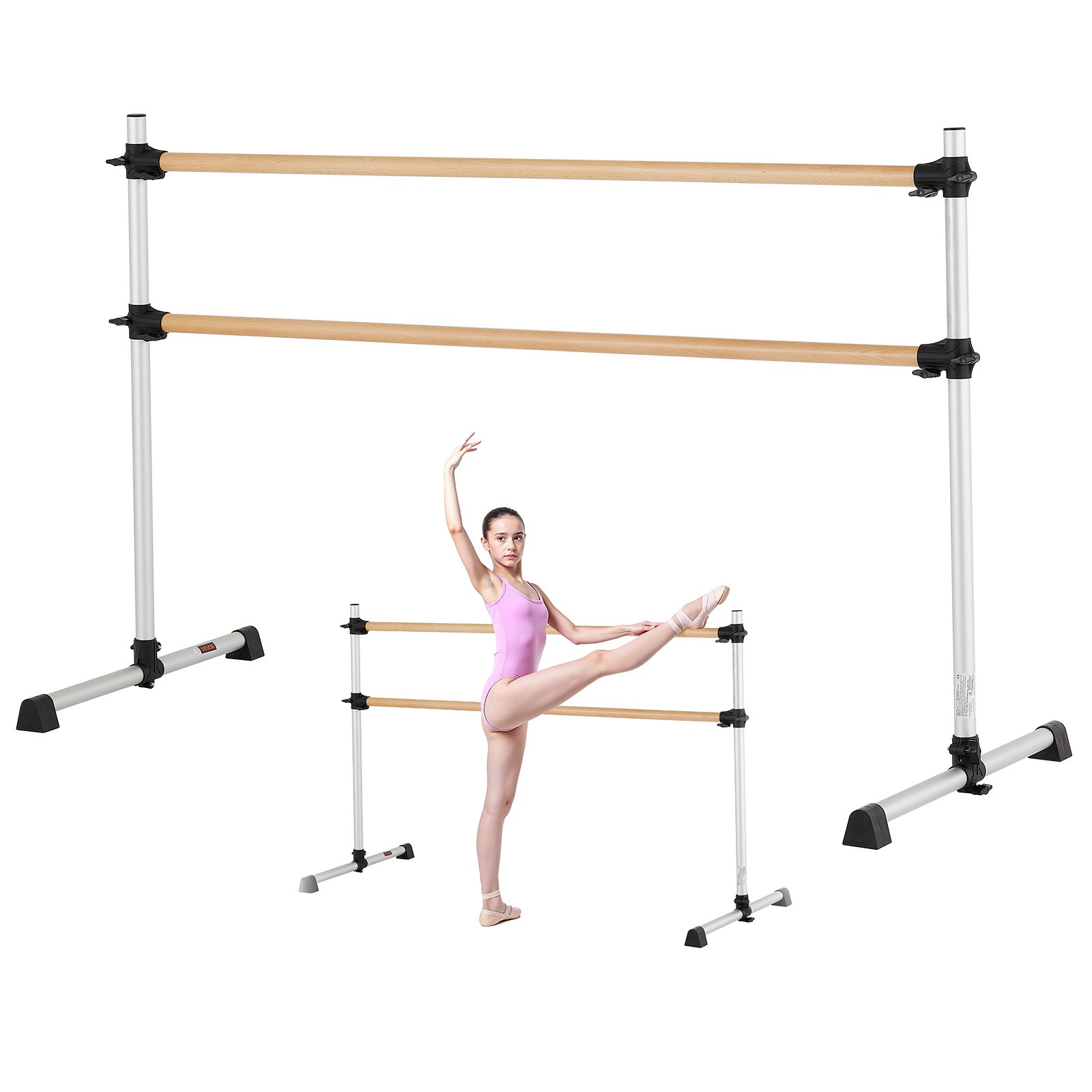 VEVOR Ballet Barre, Double Beechwood Barre Bar for Home, Freestanding Portable Ballet Stretching Dance Bars, Height Adjustable Anti-Wobble Fitness Gym Equipment, for Pilates Balance Workout