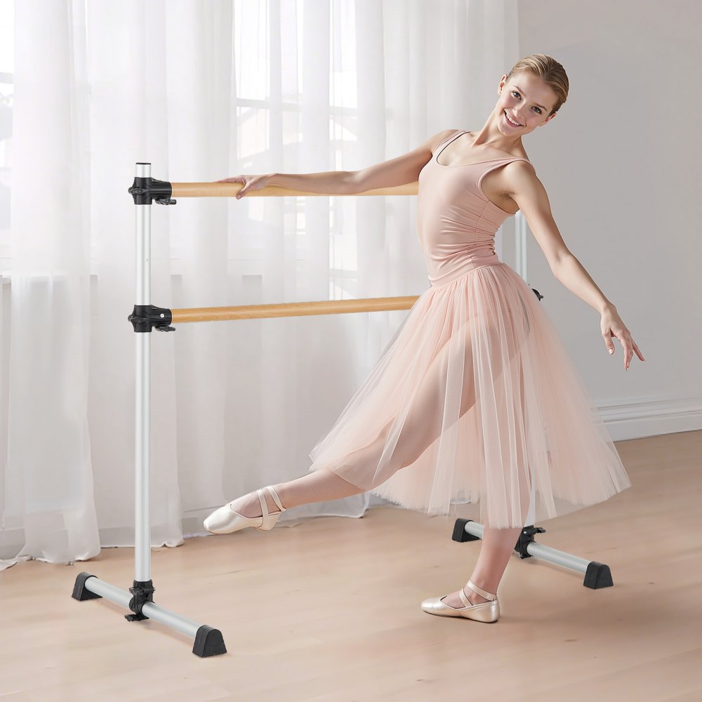 VEVOR Ballet Barre, Double Beechwood Barre Bar for Home, Freestanding Portable Ballet Stretching Dance Bars, Height Adjustable Anti-Wobble Fitness Gym Equipment, for Pilates Balance Workout