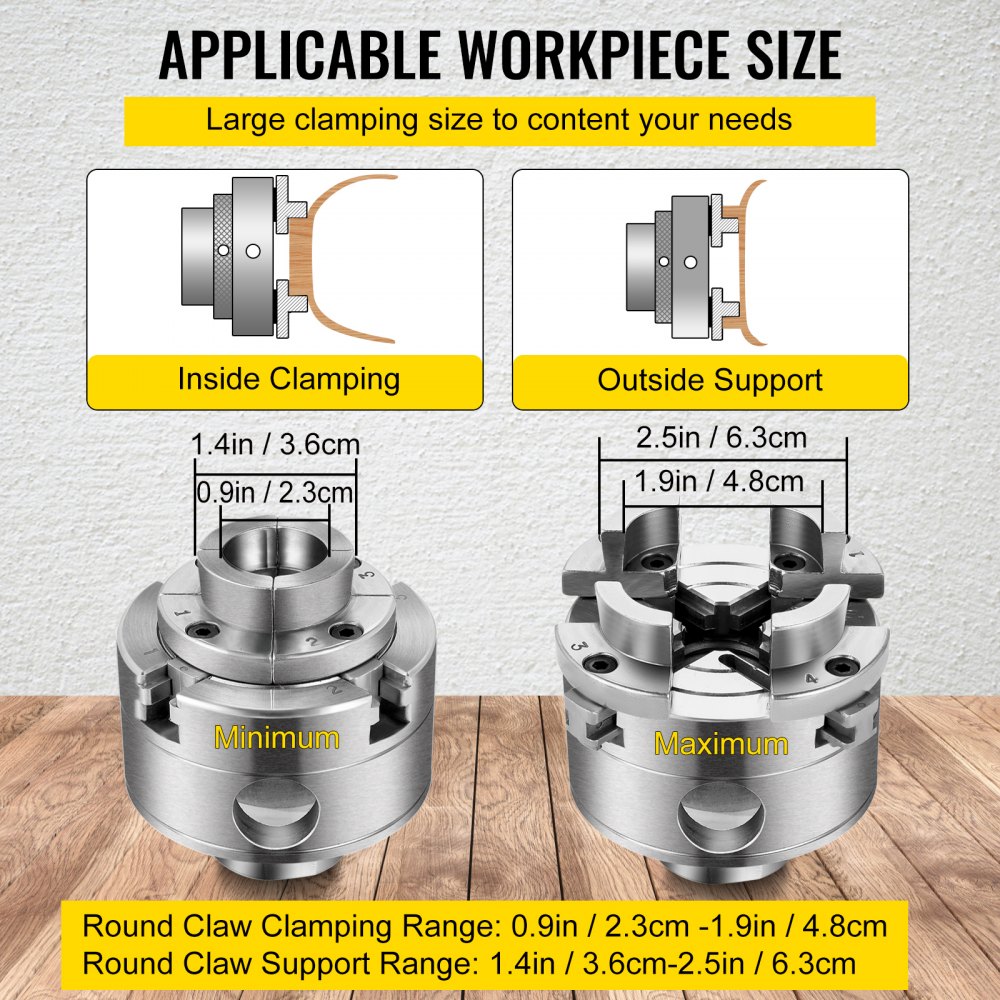 VEVOR wood lathe chuck with clamping range details for different workpiece sizes.
