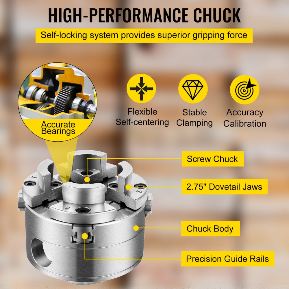 high-performance VEVOR wood lathe chuck with self-locking system and dovetail jaws.