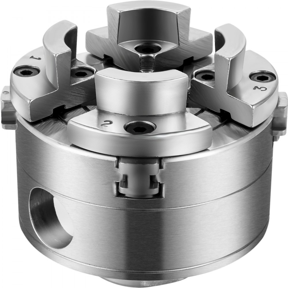 VEVOR wood lathe chuck with four adjustable jaws in polished metal finish.