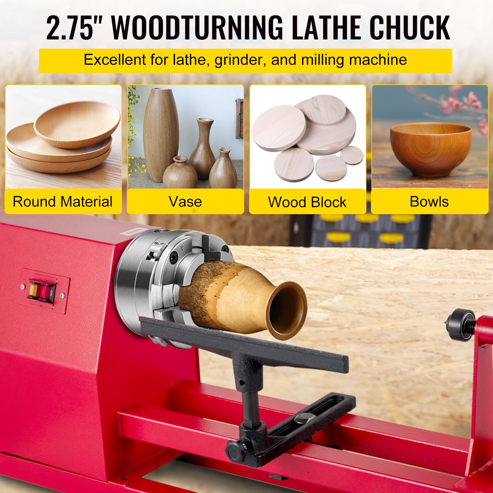 VEVOR wood lathe chuck with wood vase, bowls, and round material on display.