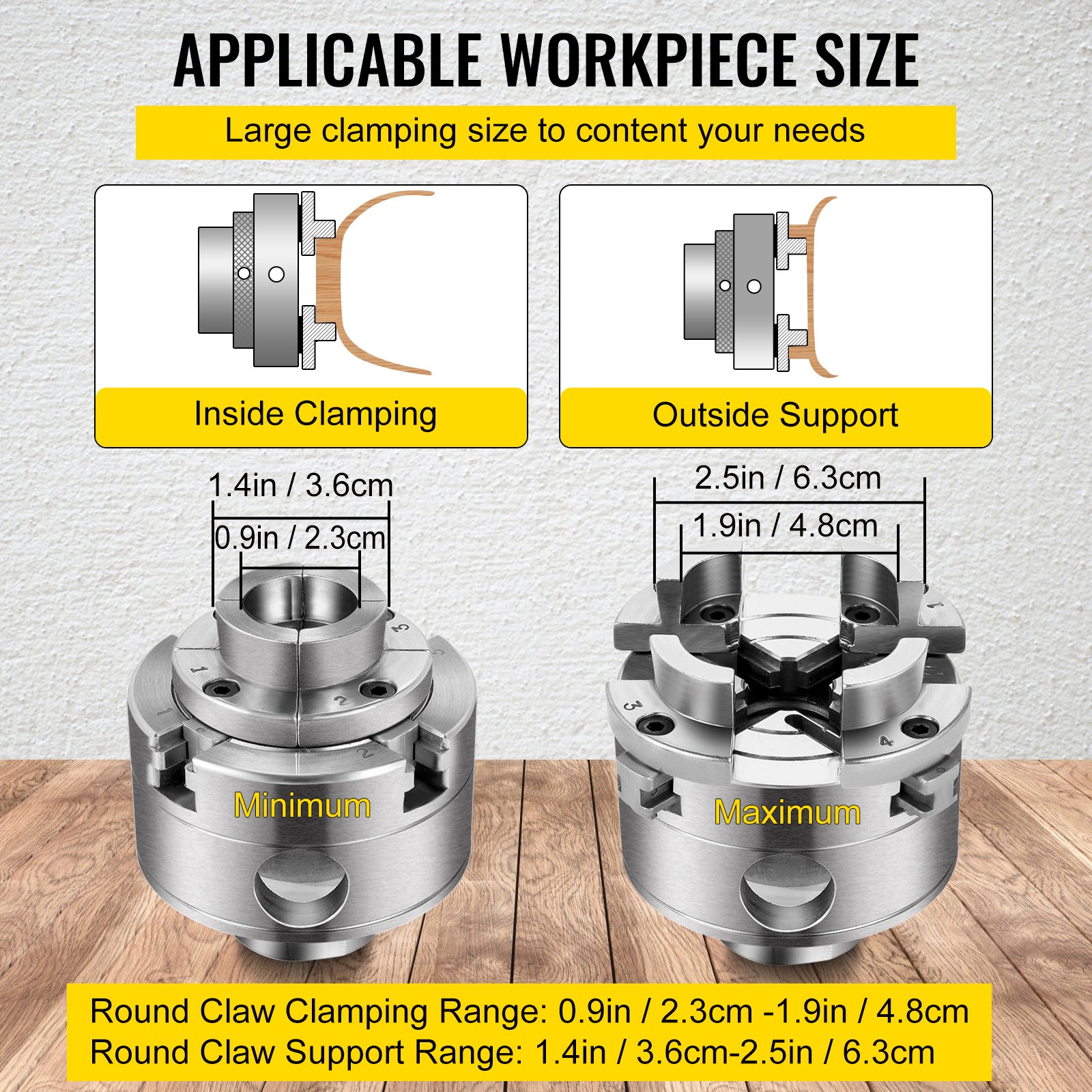 VEVOR wood lathe chuck with clamping range details for different workpiece sizes.