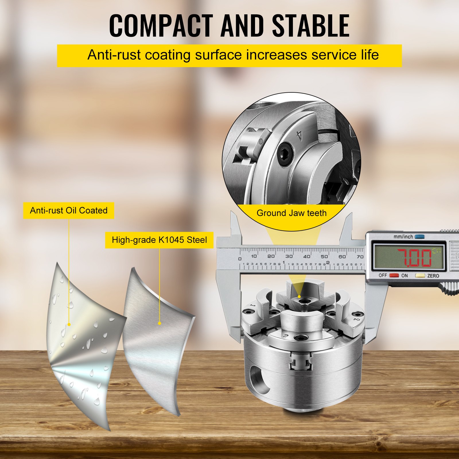 VEVOR wood lathe chuck with measurement caliper, high-grade k1045 steel, and anti-rust coating.
