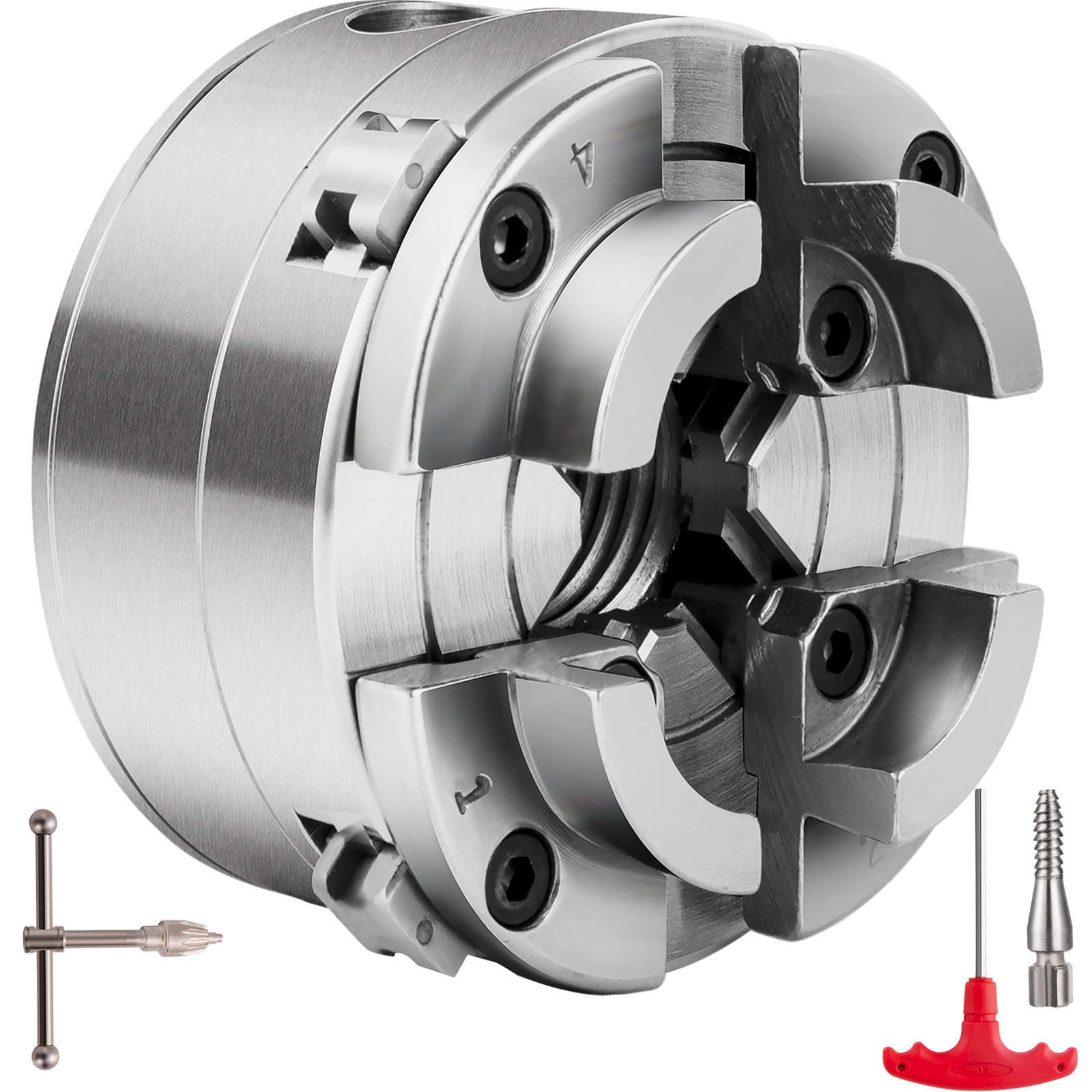 stainless steel VEVOR wood lathe chuck with included accessories.
