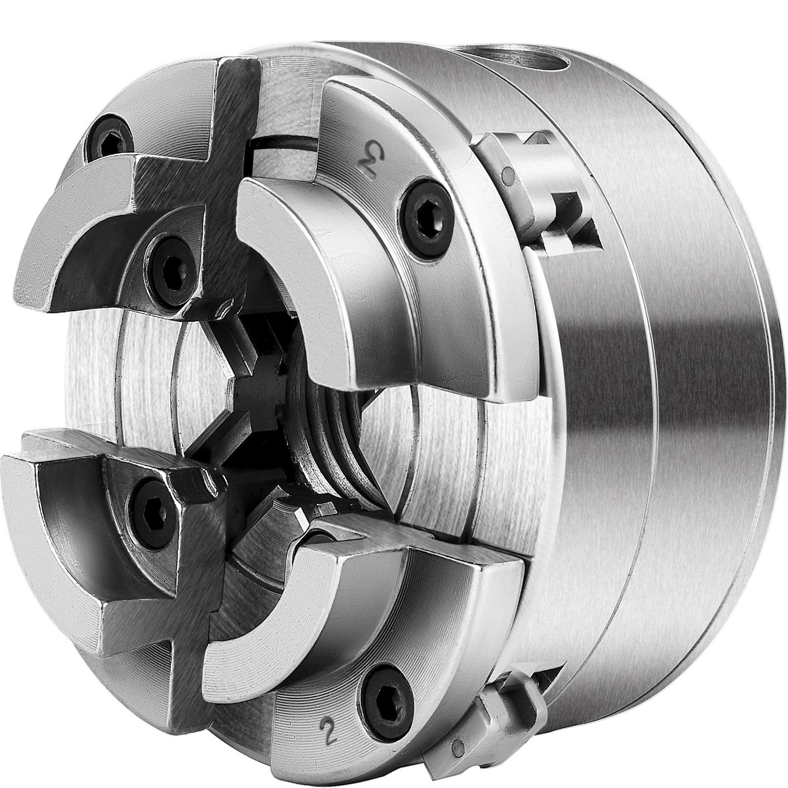 VEVOR wood lathe chuck with four jaws for secure grip on wood pieces.