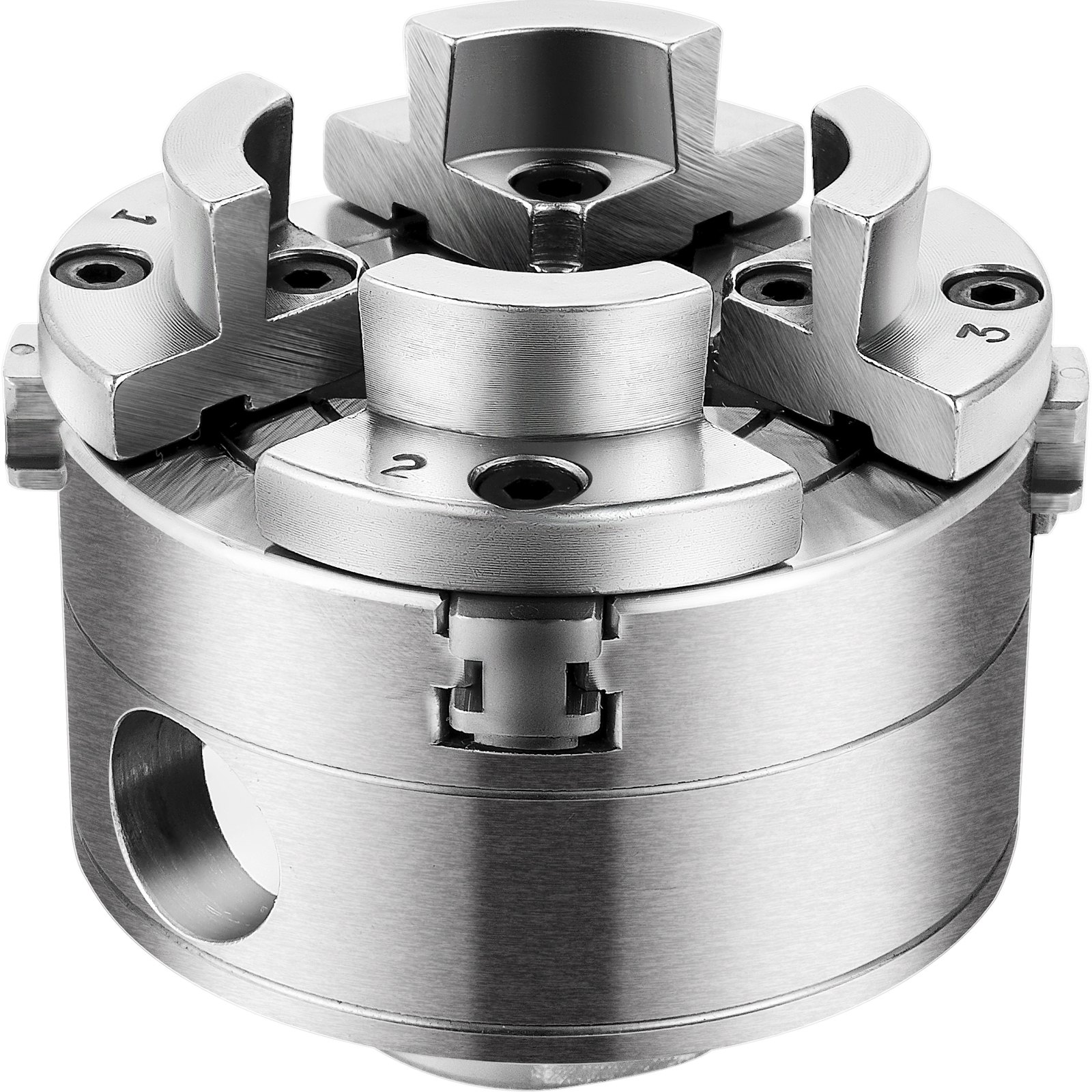 VEVOR wood lathe chuck with three adjustable jaws, metal finish.