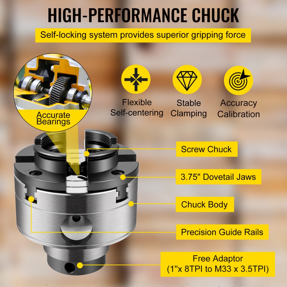 VEVOR Wood Lathe Chuck, 3.75" Woodturning Chuck, 4-Jaw Gear Chuck, 1In x 8TPI Thread Mini Key Chuck, Precision Self-Centering Woodturning Chuck Jaws, Wood Lathe Accessories for Bowls Vases