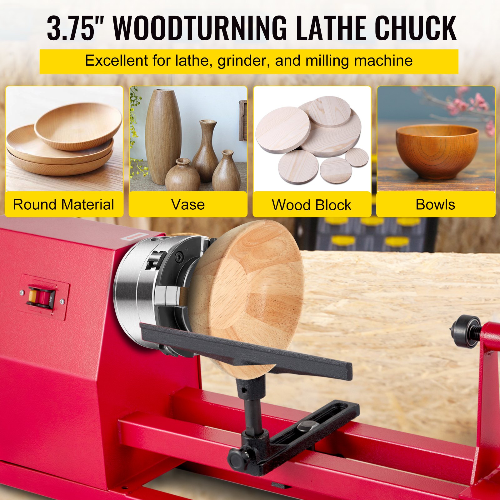 VEVOR wood lathe chuck holding wooden bowl, compatible with lathe, grinder, and mill.