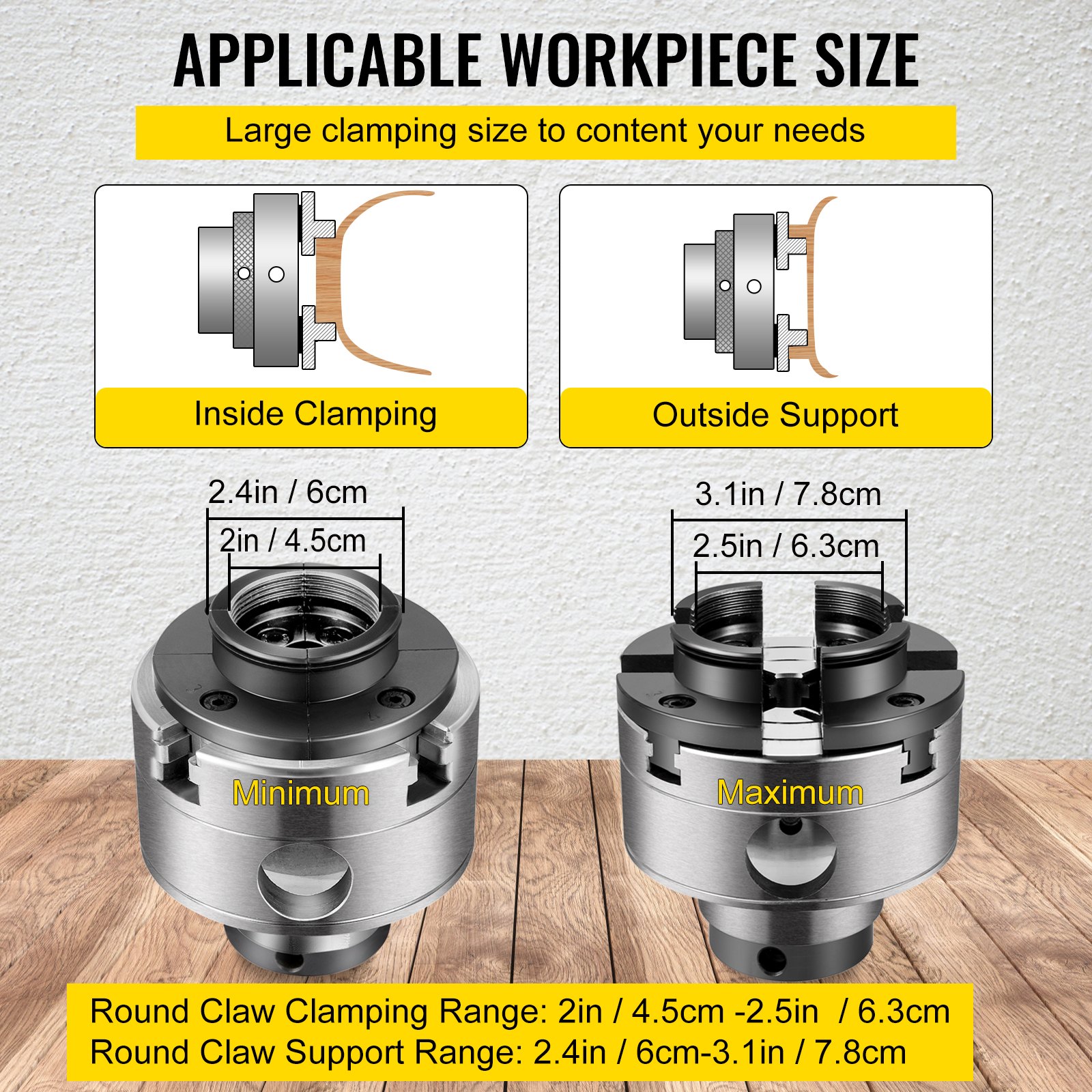 VEVOR wood lathe chuck with various clamping sizes for different workpieces.