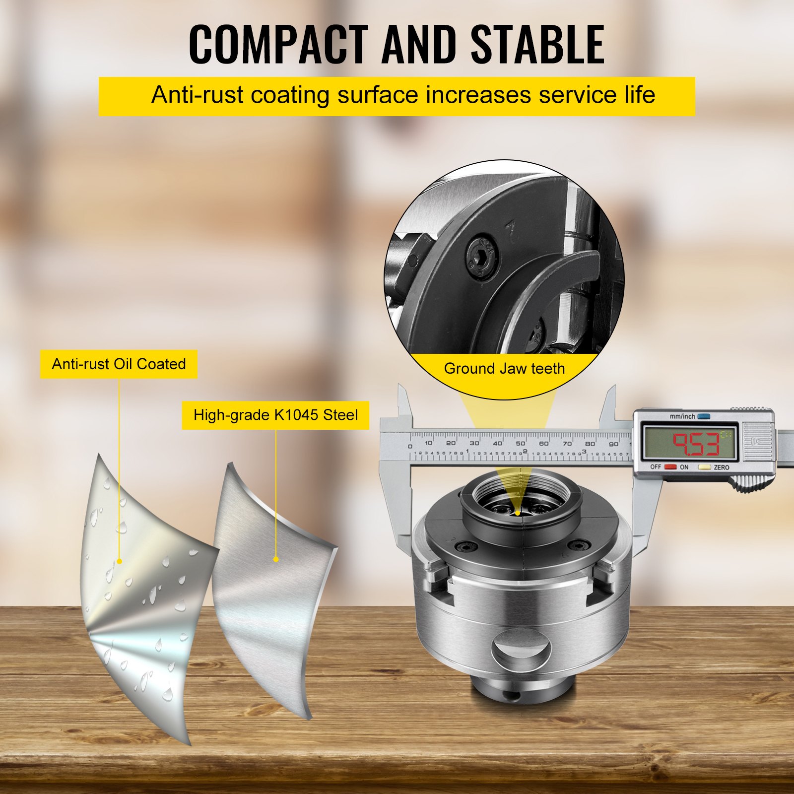 VEVOR wood lathe chuck with anti-rust coating and high-grade k1045 steel for durability.