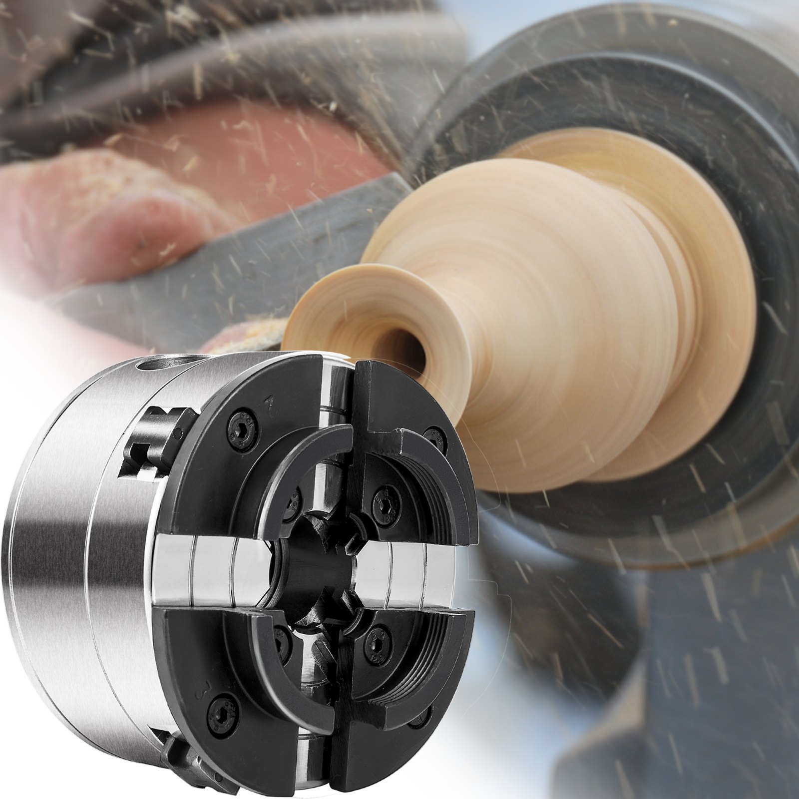 VEVOR wood lathe chuck grasping a spinning wooden piece in action.