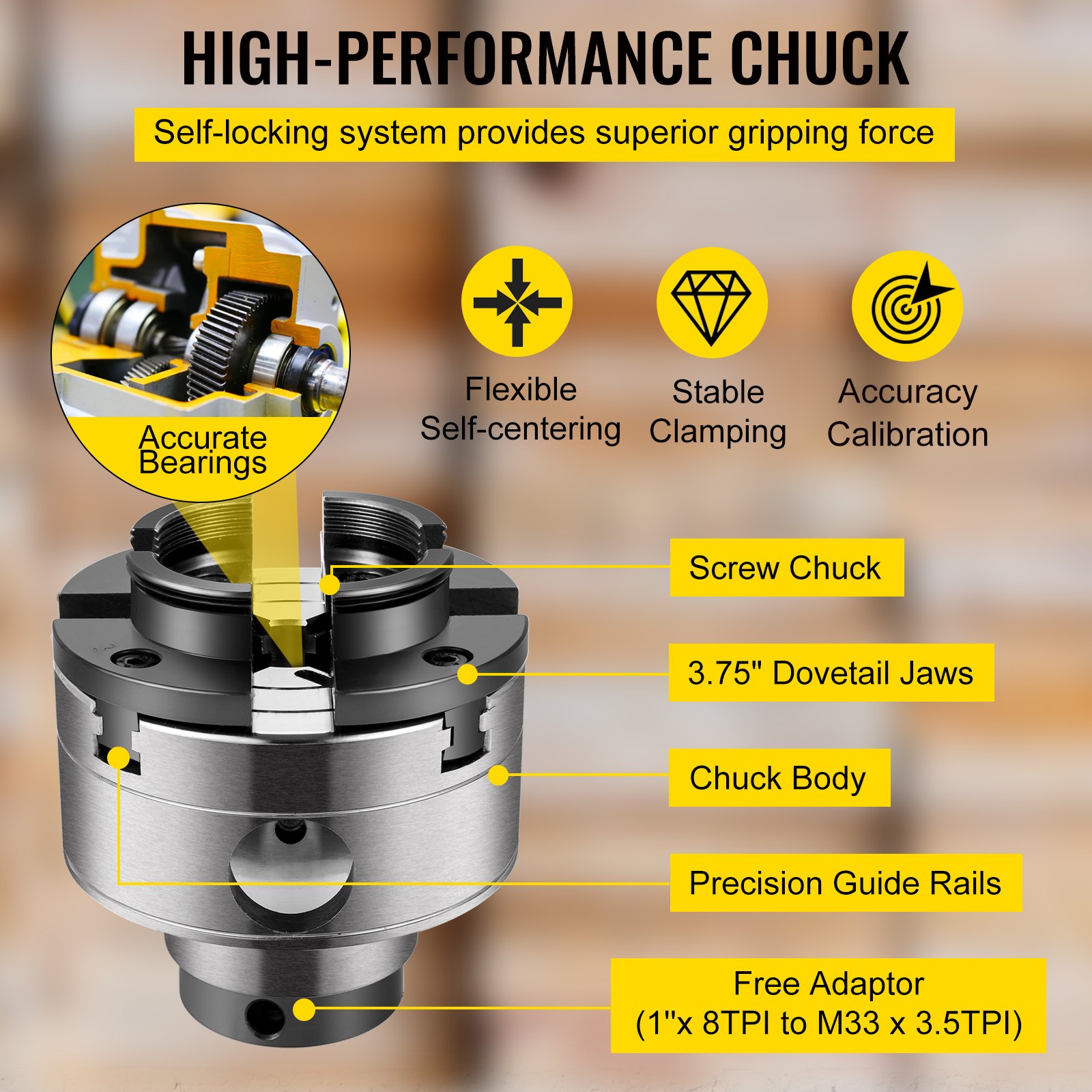 VEVOR Wood Lathe Chuck, 3.75" Woodturning Chuck, 4-Jaw Gear Chuck, 1In x 8TPI Thread Mini Key Chuck, Precision Self-Centering Woodturning Chuck Jaws, Wood Lathe Accessories for Bowls Vases