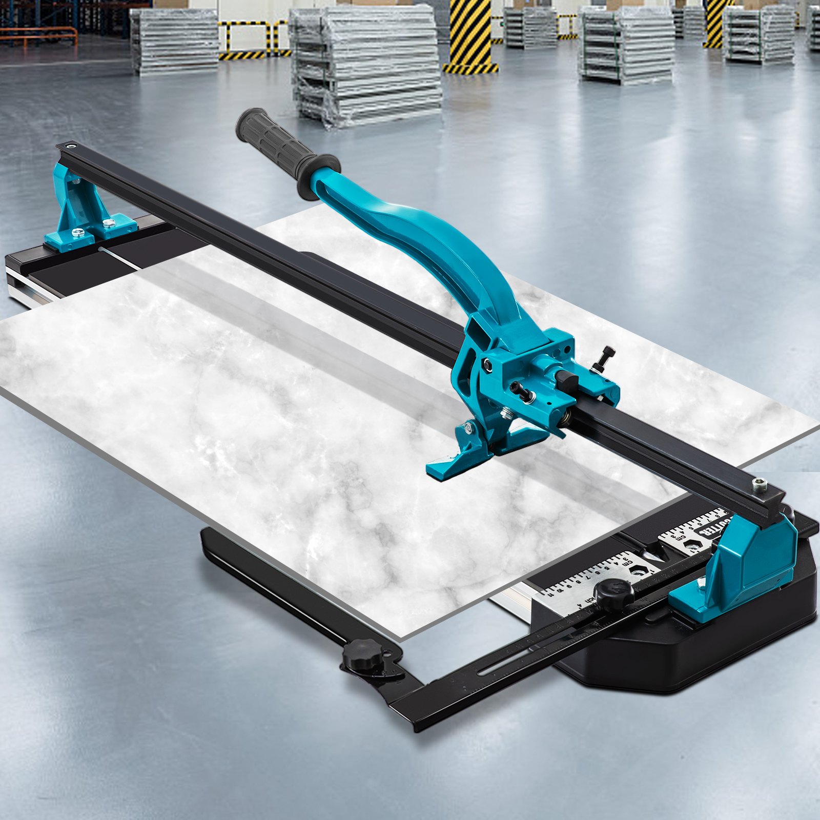 VEVOR 40 inch tile cutter in a warehouse setting cutting a ceramic tile.
