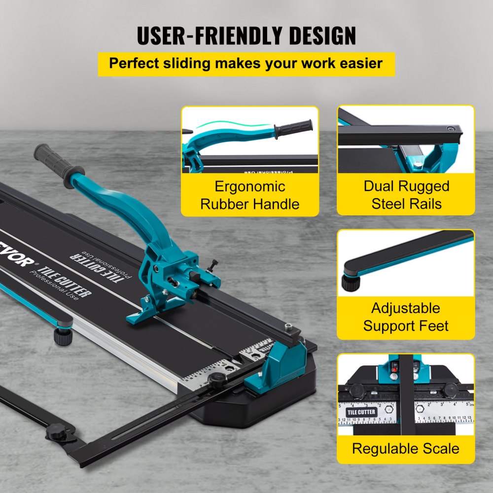 VEVOR tile cutter with ergonomic handle, dual steel rails, support feet, adjustable scale