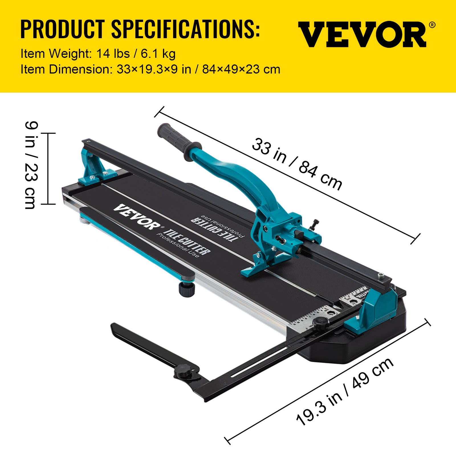 VEVOR tile cutter, 33x19.3x9 in dimensions, 14 lbs weight.