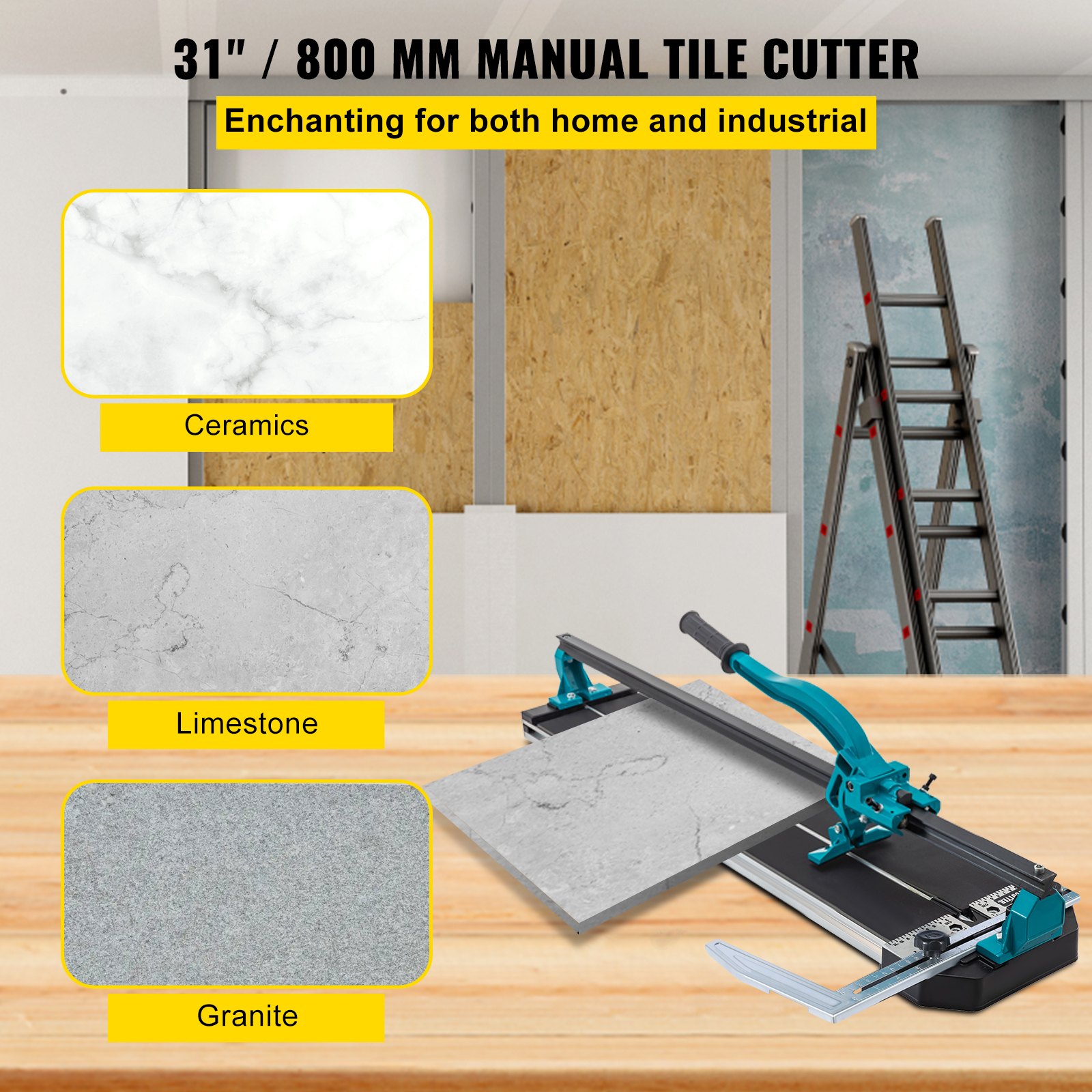 VEVOR tile cutter cutting limestone, ceramics, and granite tiles in a home setting.
