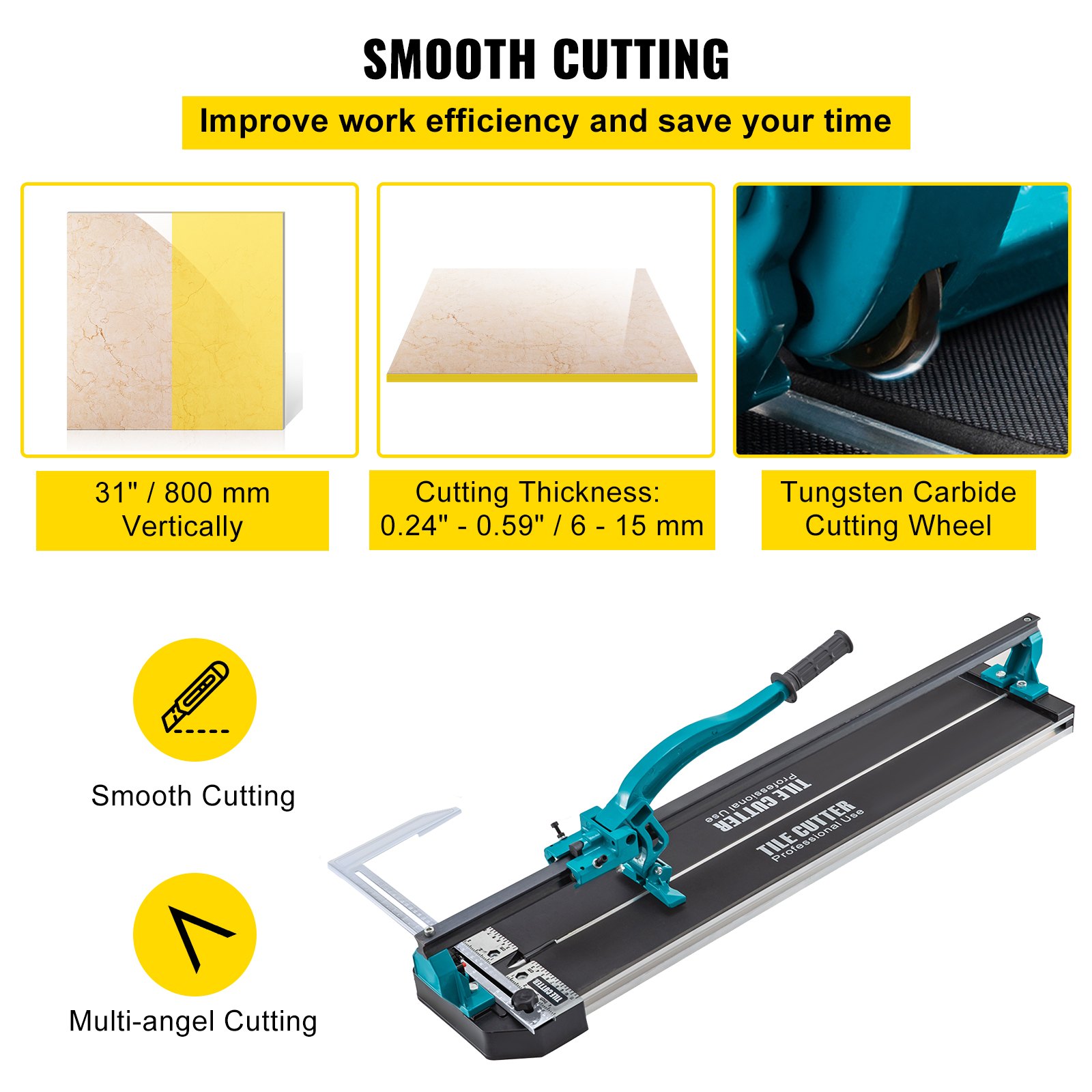 VEVOR tile cutter: smooth cutting, 31-inch tiles, 6-15 mm thickness, tungsten carbide wheel.