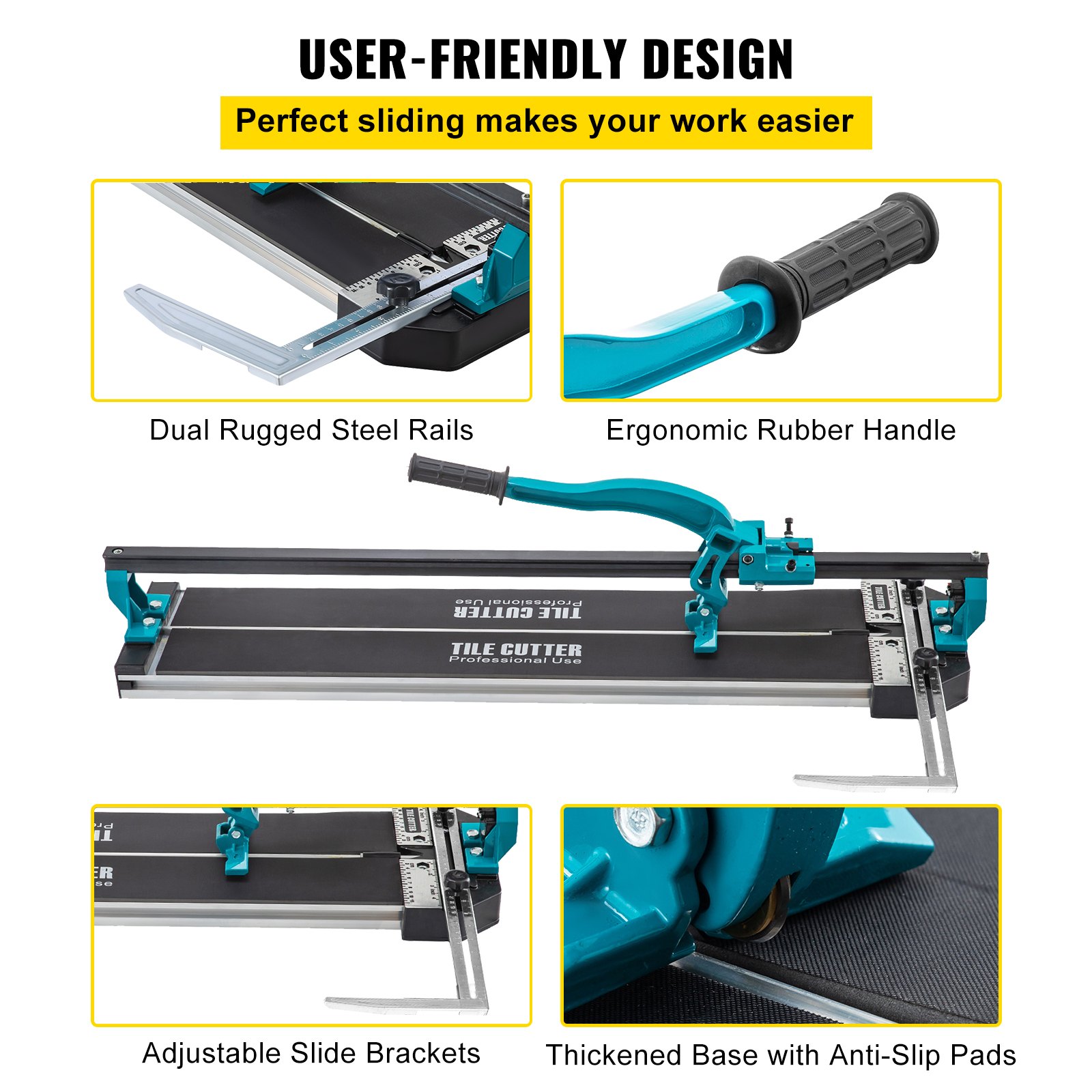 VEVOR tile cutter with ergonomic handle, steel rails, and adjustable slide brackets.