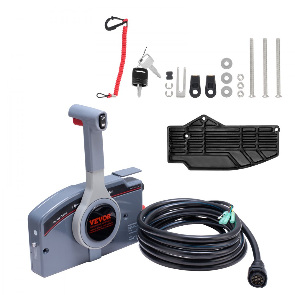 VEVOR boat throttle control with accessories including key switch, wiring harness, and mounting hardware.