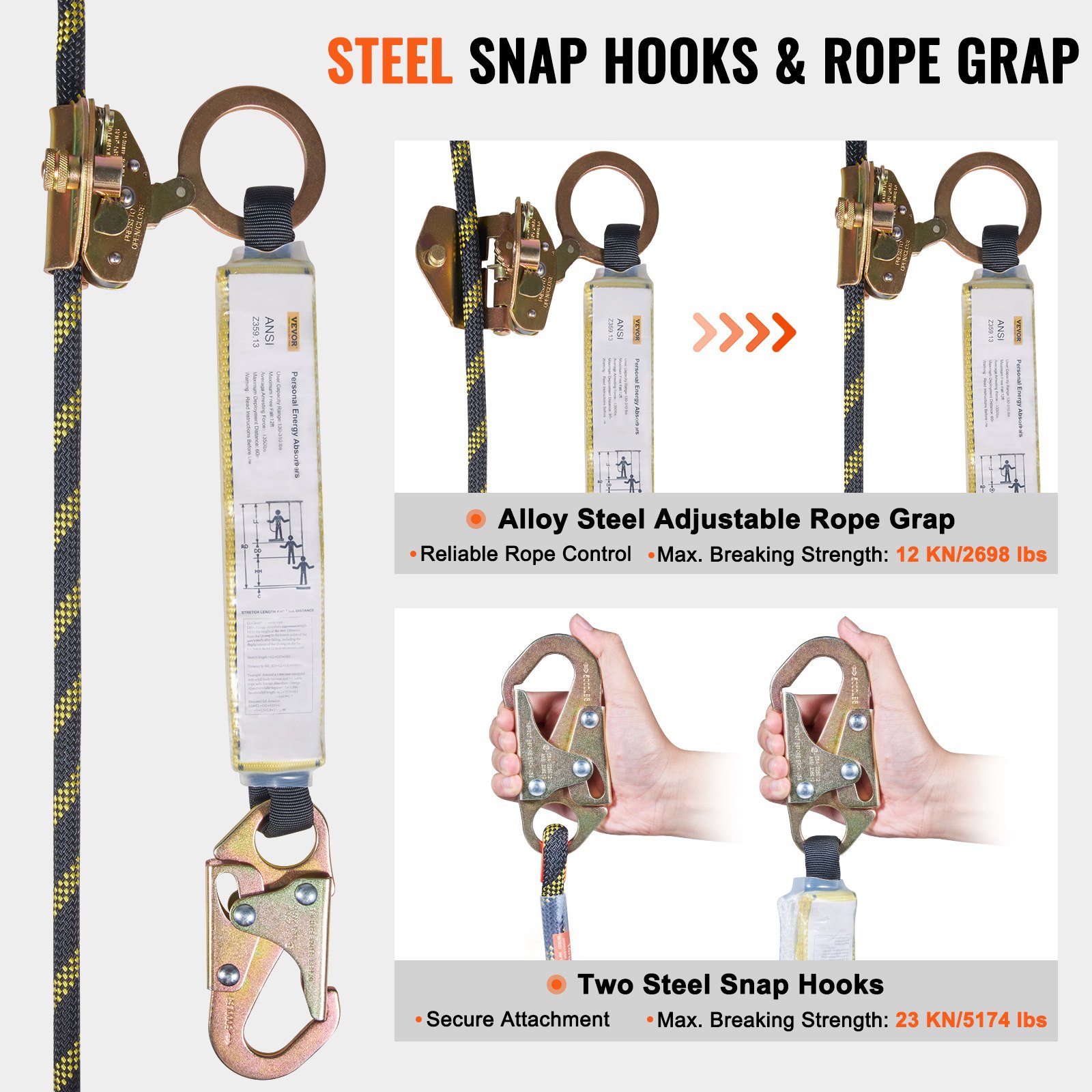 VEVOR Vertical Lifeline Assembly, 0.55'' x 100' Fall Protection Rope with 30 KN Breaking Tension, Polyester Roofing Rope with Steel Snap Hooks, Rope Grab, and Shock Absorber, ANSI Compliant