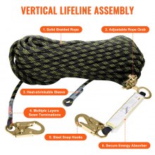 VEVOR Vertical Lifeline 150 pés (45,7 m) Corda de escalada ao ar livre preta e amarela