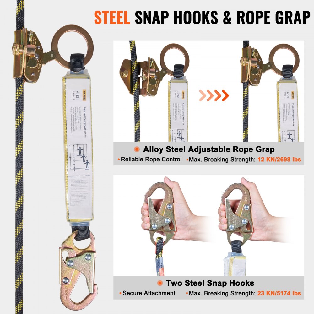 VEVOR Vertical Lifeline Assembly, 0.55'' x 50' Fall Protection Rope with 30 KN Breaking Tension, Polyester Roofing Rope with Steel Snap Hooks, Rope Grab, and Shock Absorber, ANSI Compliant