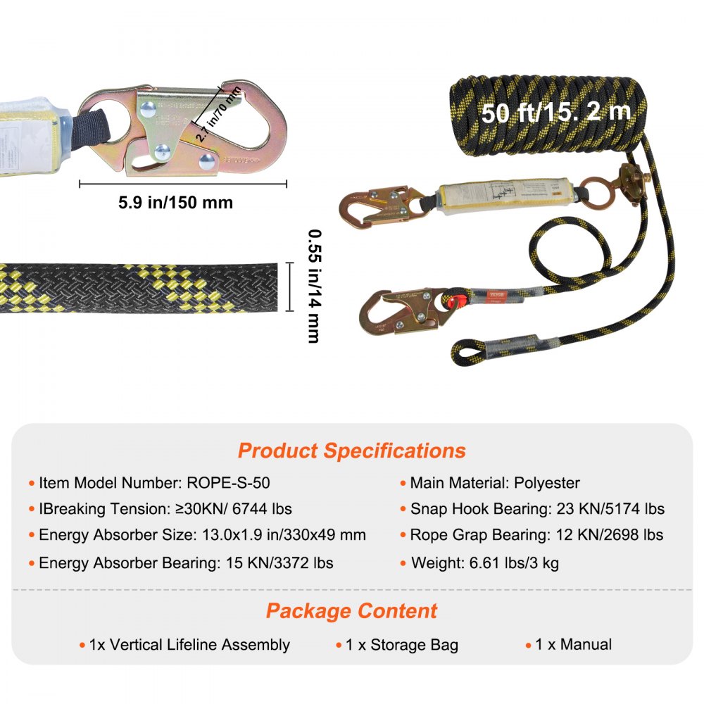 VEVOR Vertical Lifeline Assembly, 0.55'' x 50' Fall Protection Rope with 30 KN Breaking Tension, Polyester Roofing Rope with Steel Snap Hooks, Rope Grab, and Shock Absorber, ANSI Compliant