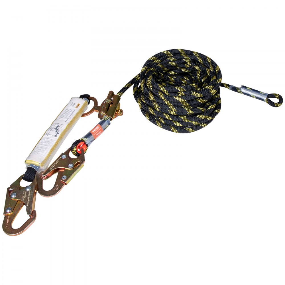 VEVOR Vertical Lifeline Assembly, 0.55'' x 50' Fall Protection Rope with 30 KN Breaking Tension, Polyester Roofing Rope with Steel Snap Hooks, Rope Grab, and Shock Absorber, ANSI Compliant