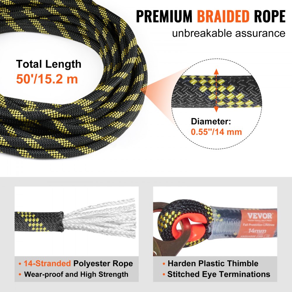 VEVOR Vertical Lifeline Assembly 0.55'' x 50' Fall Protection Rope 30 KN ANSI