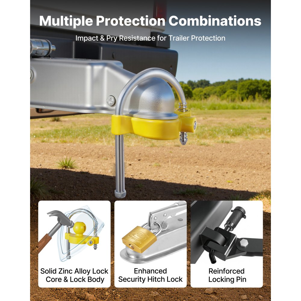 VEVOR Trailer Hitch Lock Kit, Fits for 46 mm, 50.8 mm, 58.7 mm Couplers, Heavy-Duty Anti-Theft Trailer Ball Lock with Keys, Prying-Resistant, Adjustable Height Design for RVs, Boats, Trailers