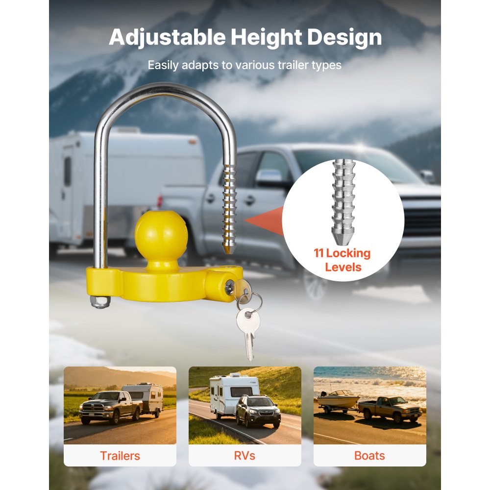 VEVOR Trailer Hitch Lock Kit, Fits for 1-7/8 in, 2 in, 2-5/16 in Couplers, Heavy-Duty Anti-Theft Trailer Ball Lock with Keys, Prying-Resistant, Adjustable Height Design for RVs, Boats, Trailers