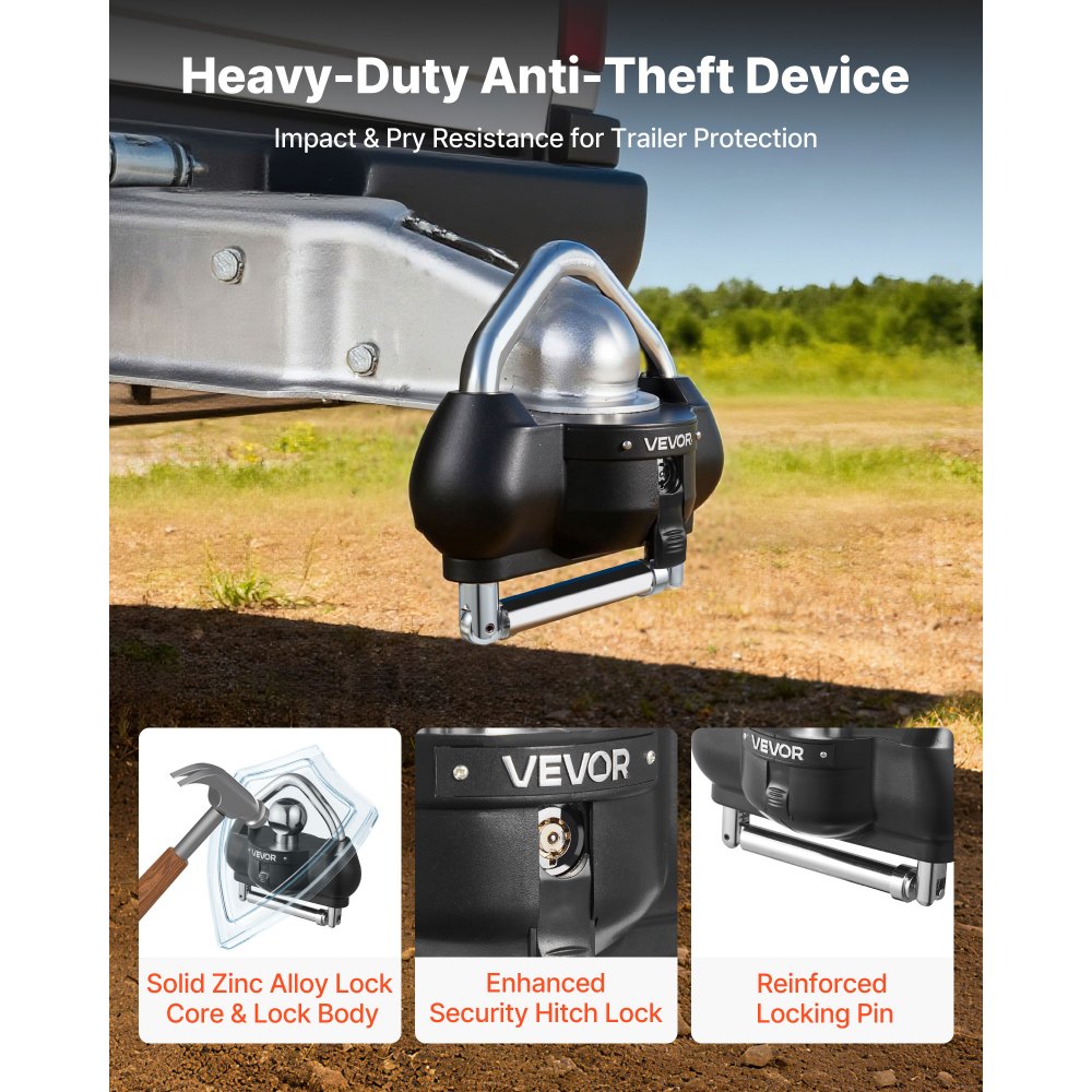 VEVOR Trailer Hitch Lock, Fits for 46 mm, 50.8 mm, 58.7 mm Couplers, Heavy-Duty Anti-Theft Trailer Ball Lock with 3 Keys, Prying-Resistant, Adjustable Height Design for RVs, Boats, Trailers, Black