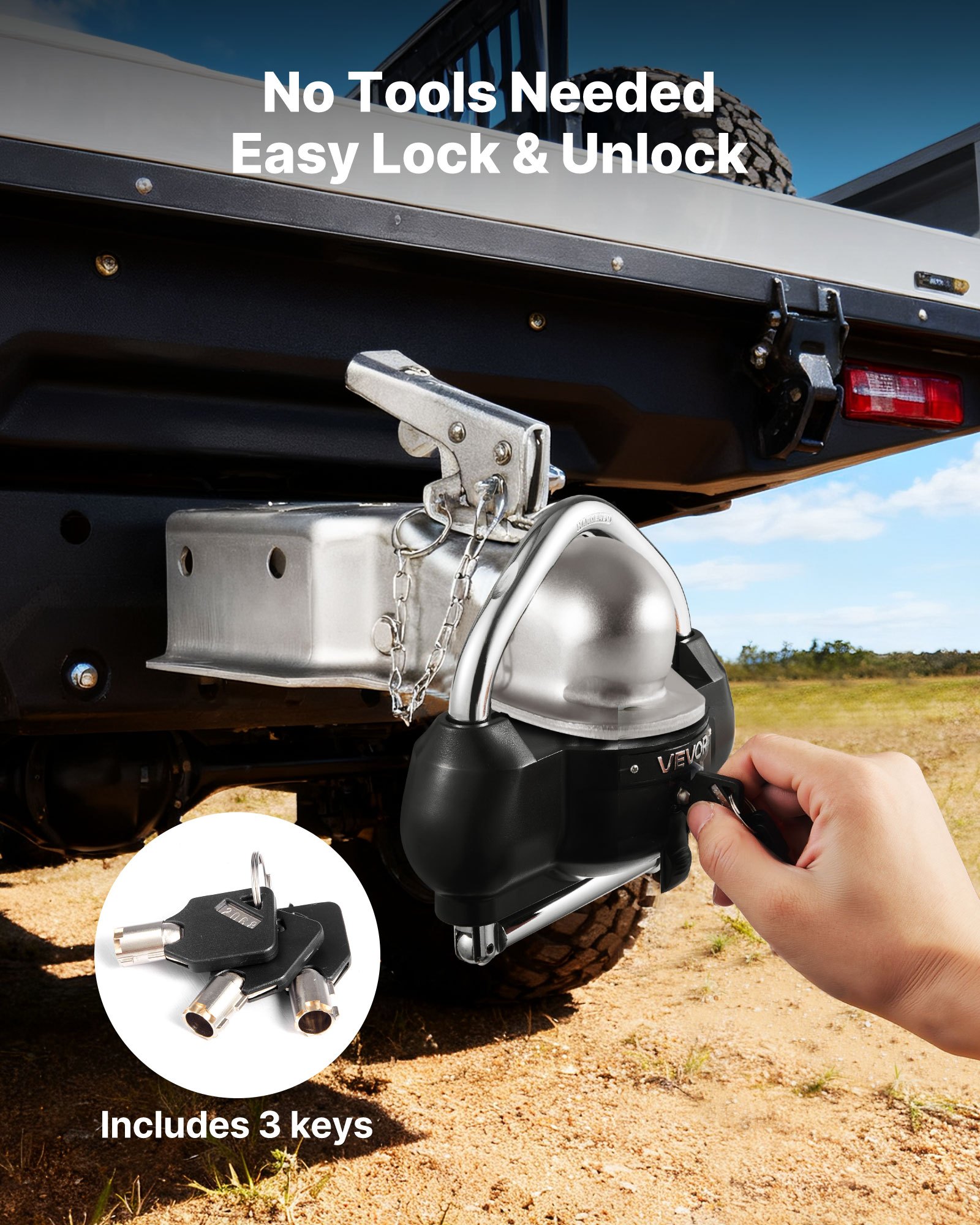 VEVOR Trailer Hitch Lock, Fits for 46 mm, 50.8 mm, 58.7 mm Couplers, Heavy-Duty Anti-Theft Trailer Ball Lock with 3 Keys, Prying-Resistant, Adjustable Height Design for RVs, Boats, Trailers, Black