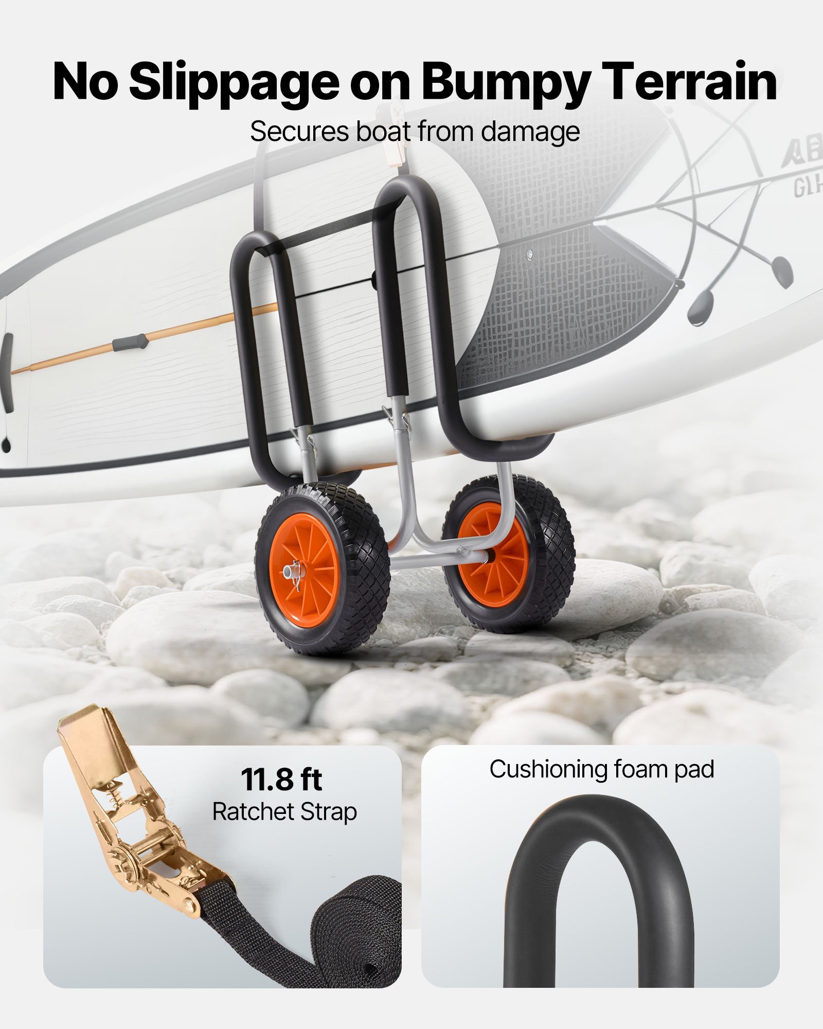 Kajakový vozík VEVOR, nosnost 68,0 kg, vozík na paddleboard s pneumatikami z plné gumy 25,4 cm a stojánky, nosič paddleboardu s ráčnovým popruhem pro přepravu paddleboardu a surfboardu