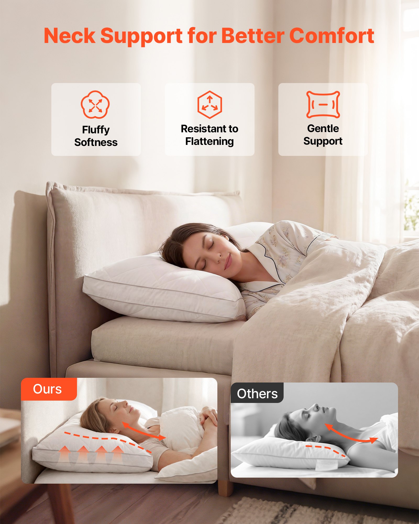 VEVOR Bed Pillows for Sleeping, Set of 2, Queen Size Luxury Quality Hotel Pillows with Original Down Alternative Filling, Supportive and Fluffy, Bedding for Back, Stomach and Side Sleepers, White