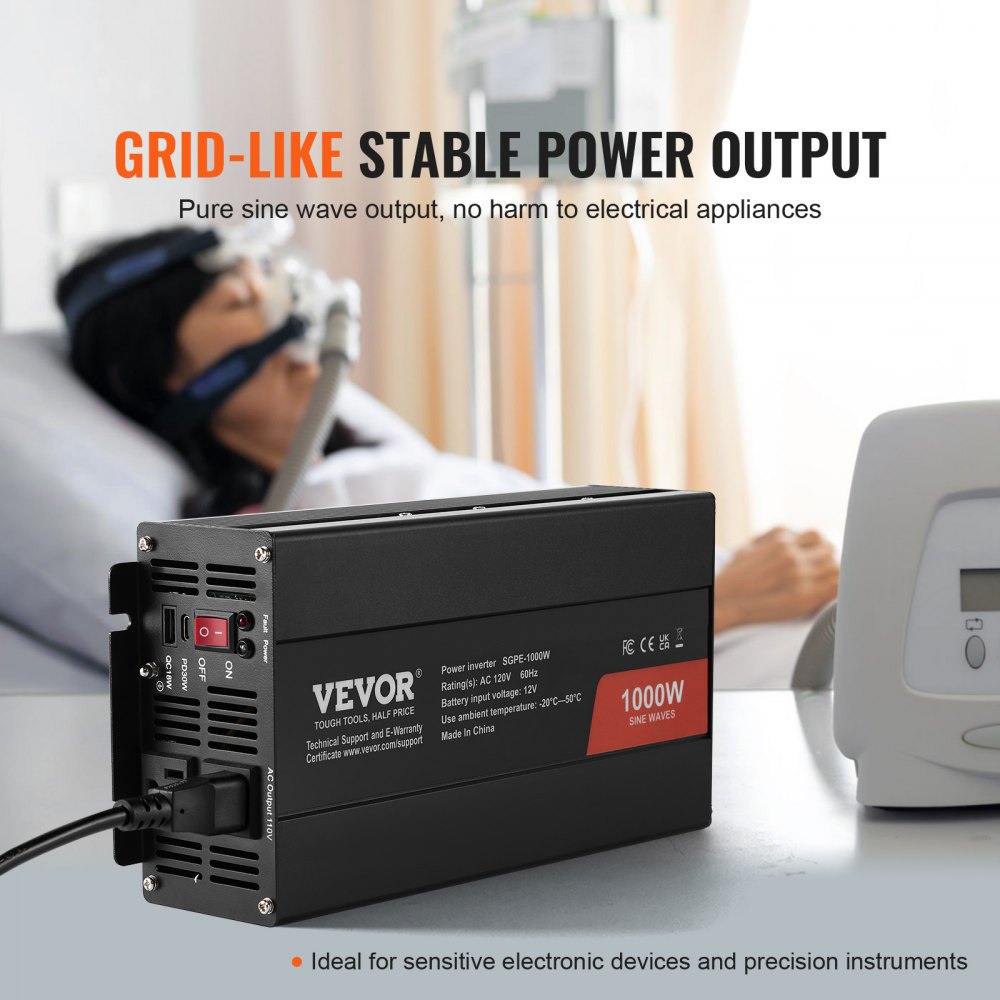 VEVOR Sine Wave Converter, 1000W, DC 12V to AC 120V, with Dual AC Sockets, 1 USB, 1 Type-C, Remote Operation for Portable Electronics, CE FCC Approved