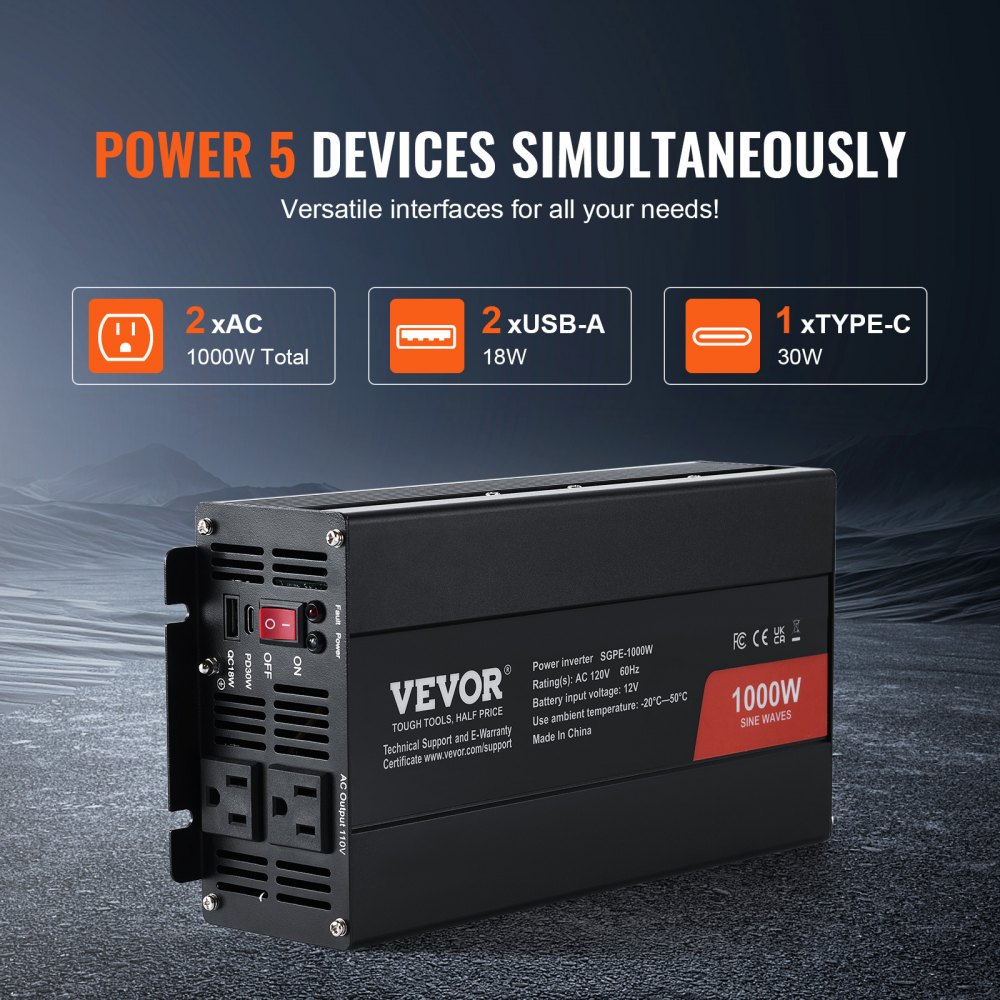 VEVOR Sine Wave Converter, 1000W, DC 12V to AC 120V, with Dual AC Sockets, 1 USB, 1 Type-C, Remote Operation for Portable Electronics, CE FCC Approved