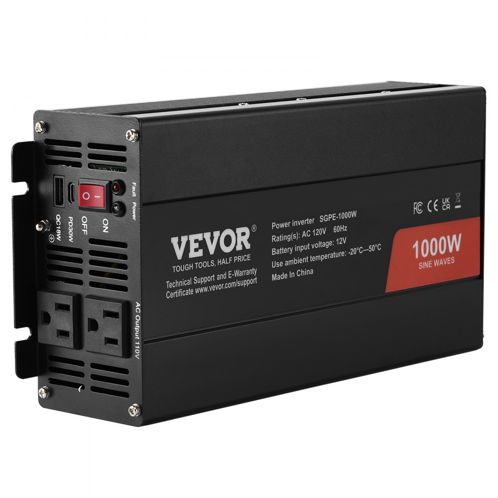 VEVOR Sine Wave Converter, 1000W, DC 12V to AC 120V, with Dual AC Sockets, 1 USB, 1 Type-C, Remote Operation for Portable Electronics, CE FCC Approved