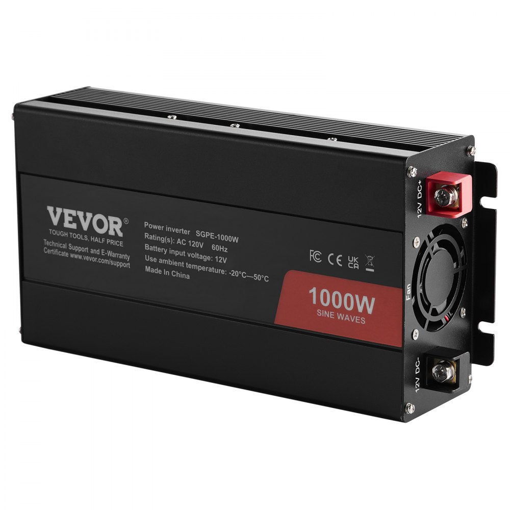 VEVOR Sine Wave Converter, 1000W, DC 12V to AC 120V, with Dual AC Sockets, 1 USB, 1 Type-C, Remote Operation for Portable Electronics, CE FCC Approved
