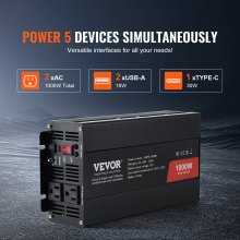 VEVOR Pure Sine Wave Inverter, 1000 Watt, DC 12V to AC 120V Power Inverter with 2 AC Outlets 2 USB Port 1 Type-C Port, Remote Control for Small Home Devices like Smartphone Laptop, CE FCC Certified