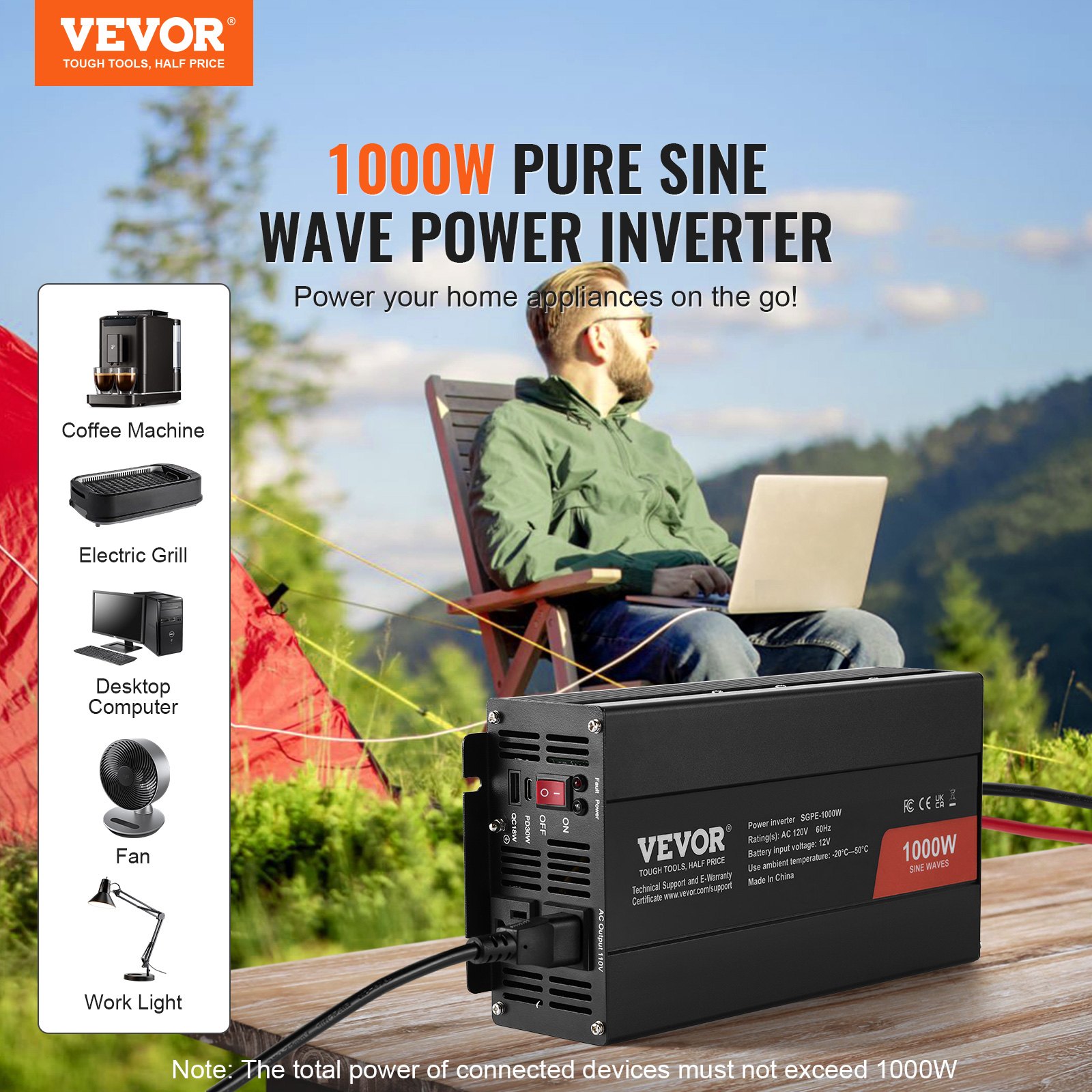 VEVOR Sine Wave Converter, 1000W, DC 12V to AC 120V, with Dual AC Sockets, 1 USB, 1 Type-C, Remote Operation for Portable Electronics, CE FCC Approved