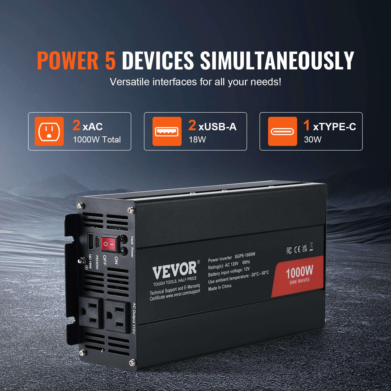 VEVOR Sine Wave Converter, 1000W, DC 12V to AC 120V, with Dual AC Sockets, 1 USB, 1 Type-C, Remote Operation for Portable Electronics, CE FCC Approved