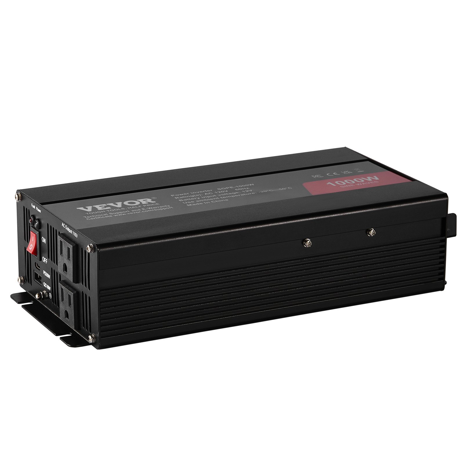 VEVOR Sine Wave Converter, 1000W, DC 12V to AC 120V, with Dual AC Sockets, 1 USB, 1 Type-C, Remote Operation for Portable Electronics, CE FCC Approved