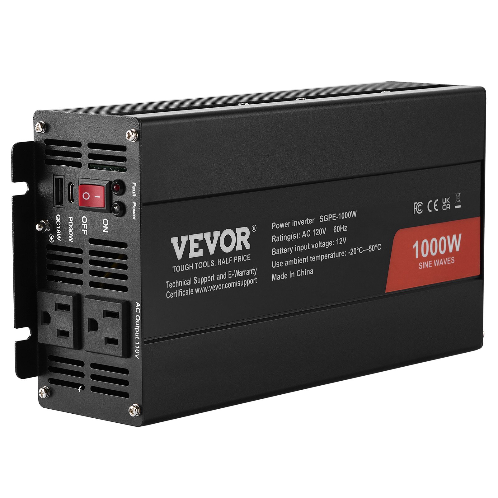 VEVOR Sine Wave Converter, 1000W, DC 12V to AC 120V, with Dual AC Sockets, 1 USB, 1 Type-C, Remote Operation for Portable Electronics, CE FCC Approved