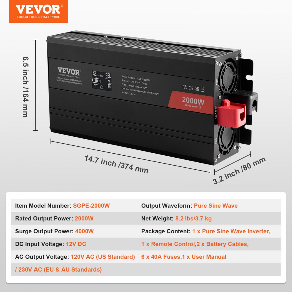 VEVOR Pure Sine Wave Inverter, 2000 Watt, DC 12V to AC 230V Power Inverter with 2 AC Outlets 2 USB Port 1 Type-C Port, LCD Display and Remote Controller for Medium-Sized Household Equipment, CE FCC