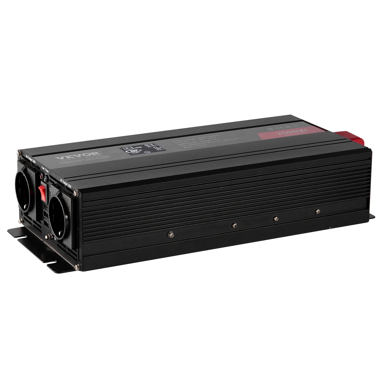 VEVOR Pure Sine Wave Inverter, 2000 Watt, DC 12V to AC 230V Power Inverter with 2 AC Outlets 2 USB Port 1 Type-C Port, LCD Display and Remote Controller for Medium-Sized Household Equipment, CE FCC