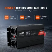 VEVOR Pure Sine Wave Inverter, 2000 Watt,  Power Inverter with 2 AC Outlets 2 USB Port 1 Type-C Port, LCD Display and Remote Controller for Medium-Sized Household Equipment, CE FCC